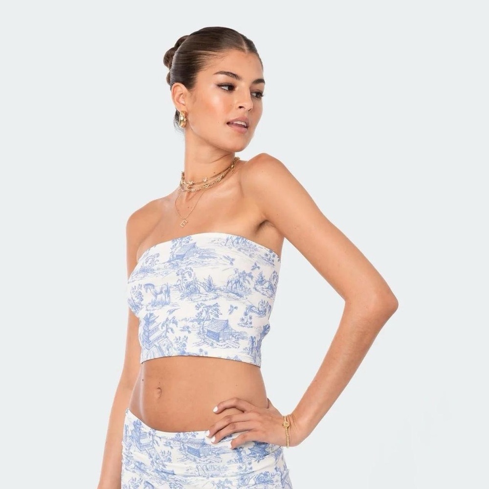 Edikted Blue/White “Delft Print Strapless Tube Top” in Size XS